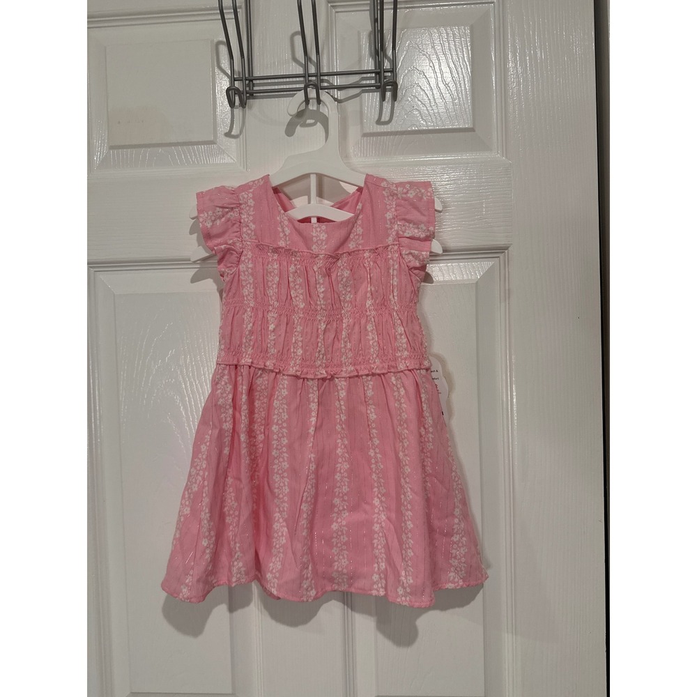 Girls Pink Floral Dress Ruffle Sleeve Metallic‎ Thread Party Casual 2T